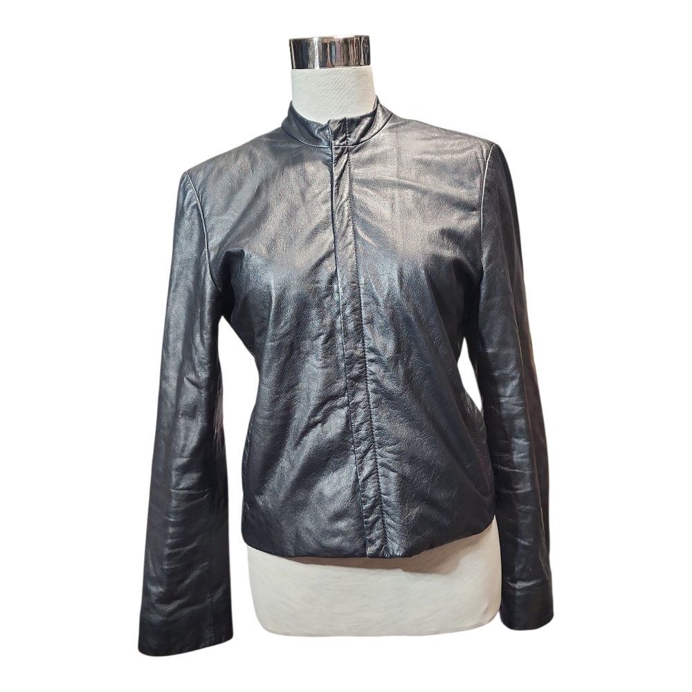 Ralph Lauren Black Leather Zip-Front Jacket with pink lining